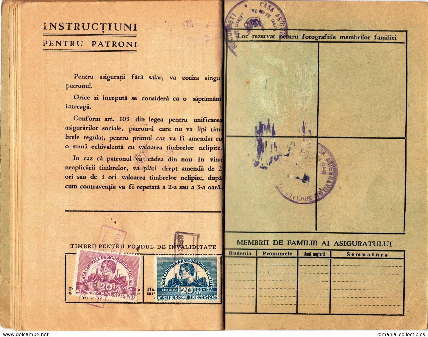 Romania, 1934, Social Insurance Member Card - Revenue Fiscal Stamps / Cinderellas