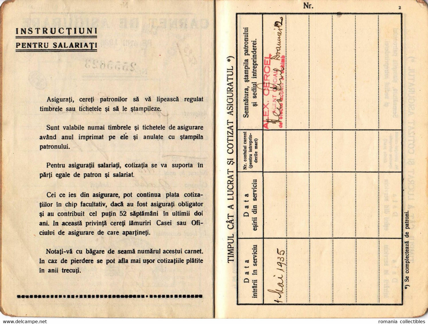 Romania, 1937, Social Insurance Member Card - Revenue Fiscal Stamps / Cinderellas - Fiscales