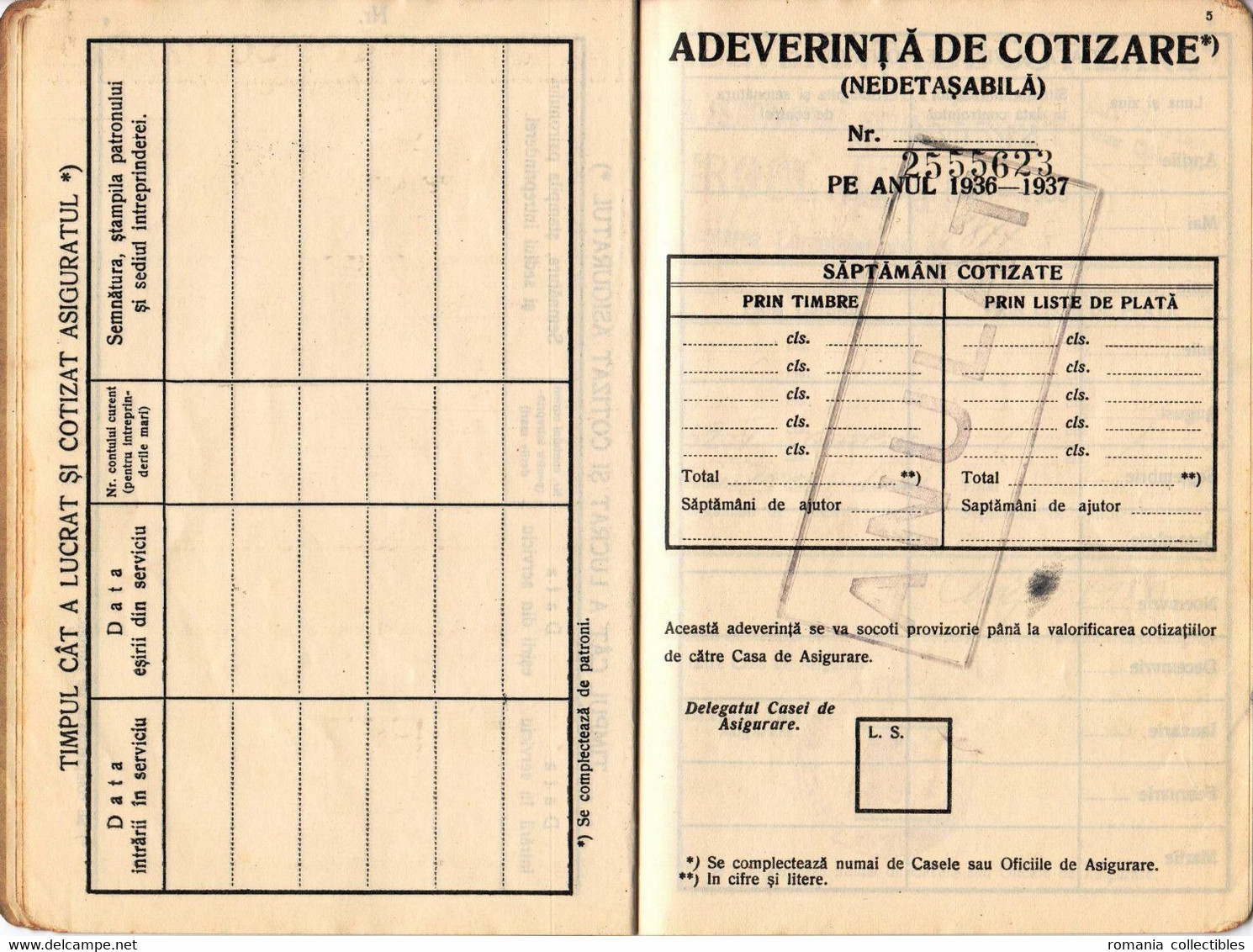 Romania, 1937, Social Insurance Member Card - Revenue Fiscal Stamps / Cinderellas