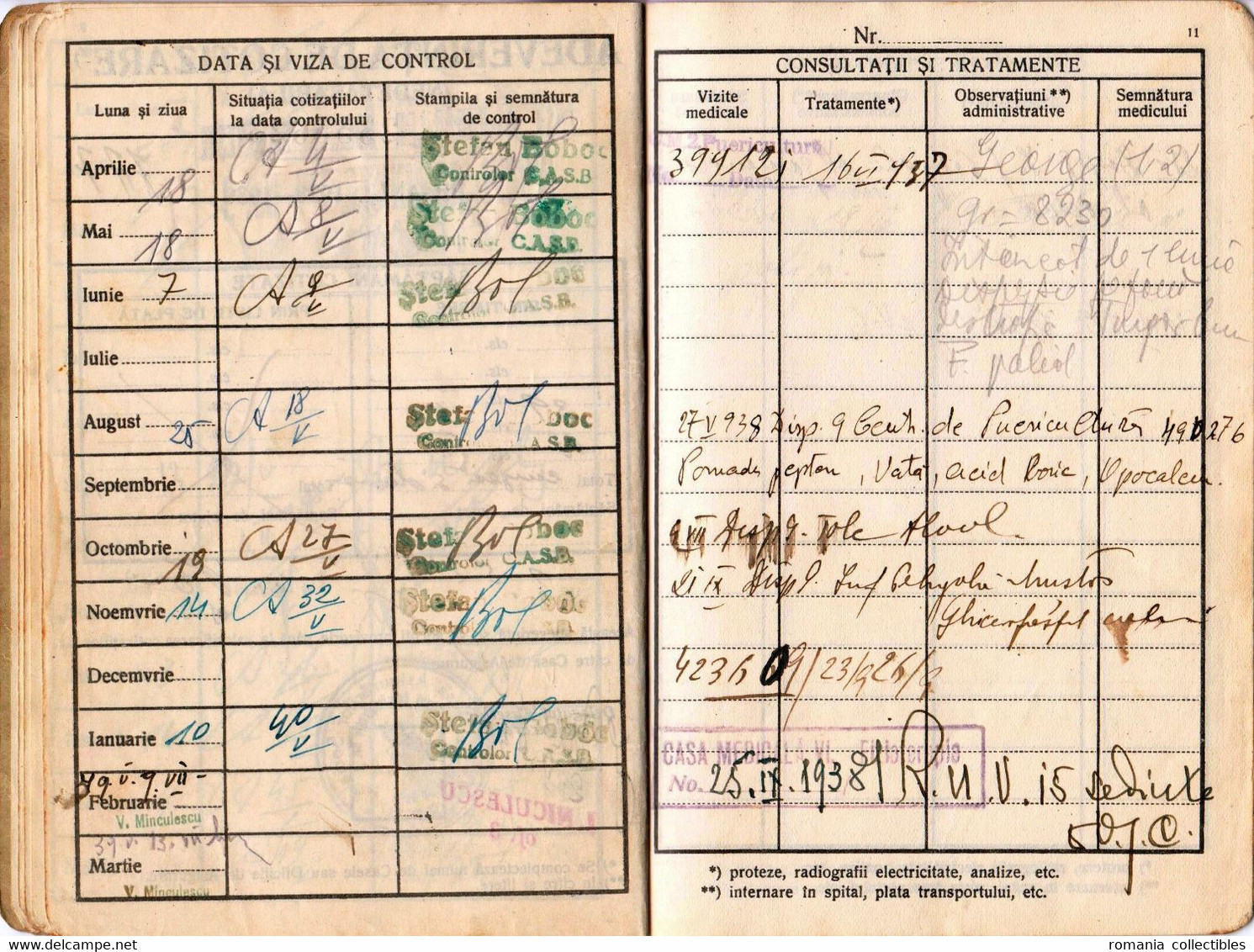 Romania, 1937, Social Insurance Member Card - Revenue Fiscal Stamps / Cinderellas