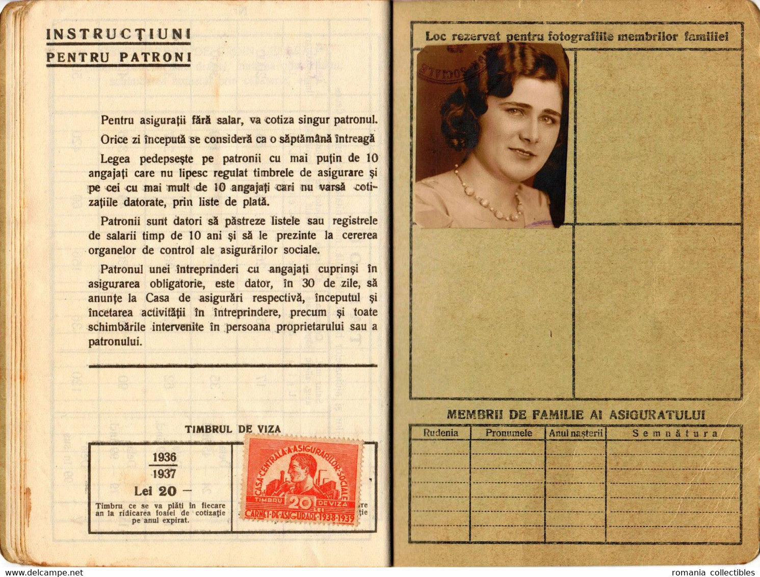 Romania, 1937, Social Insurance Member Card - Revenue Fiscal Stamps / Cinderellas