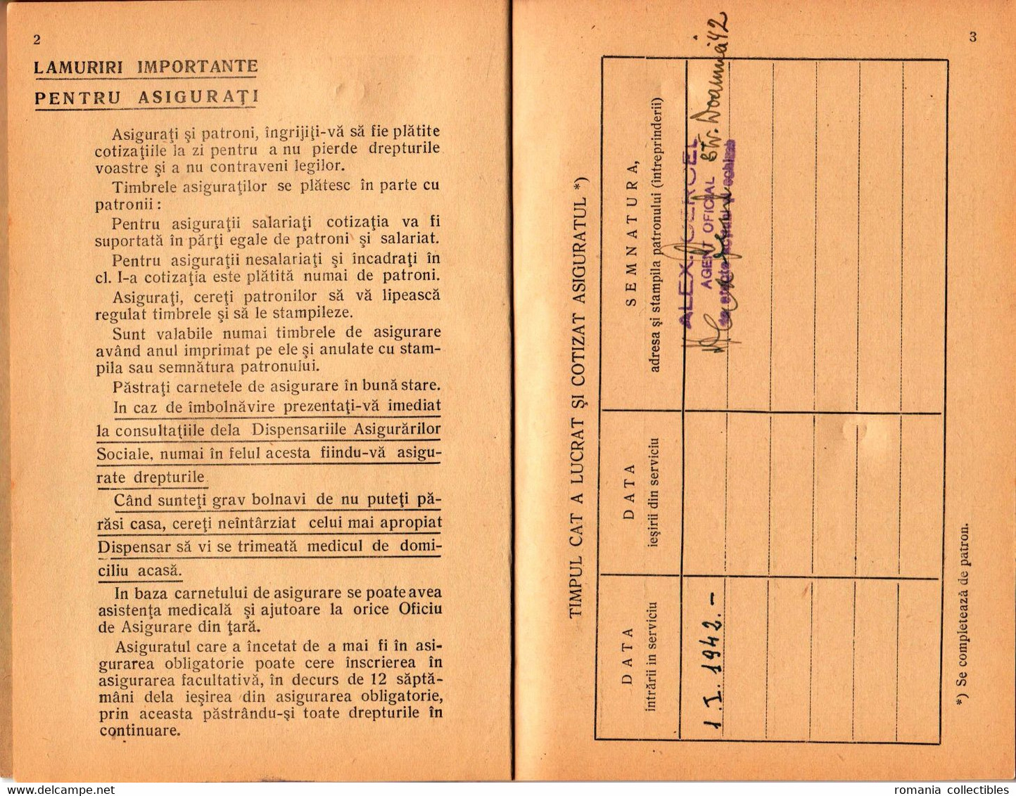 Romania, 1942, Social Insurance Member Card - Revenue Fiscal Stamps / Cinderellas - Fiscali