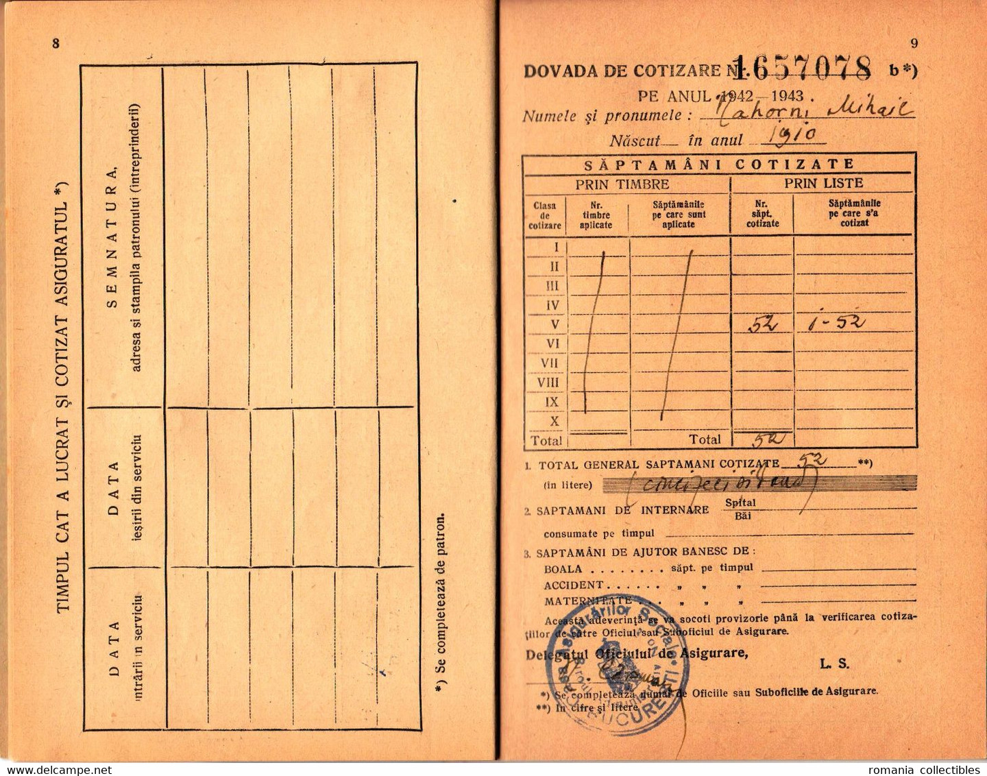 Romania, 1942, Social Insurance Member Card - Revenue Fiscal Stamps / Cinderellas