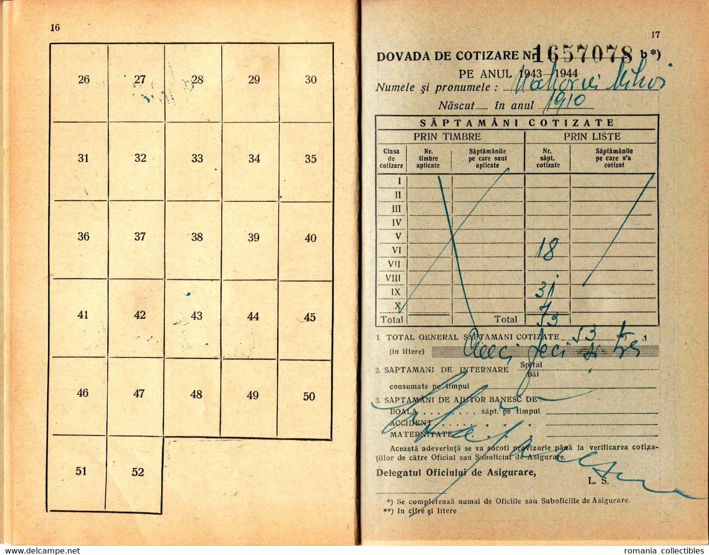 Romania, 1942, Social Insurance Member Card - Revenue Fiscal Stamps / Cinderellas