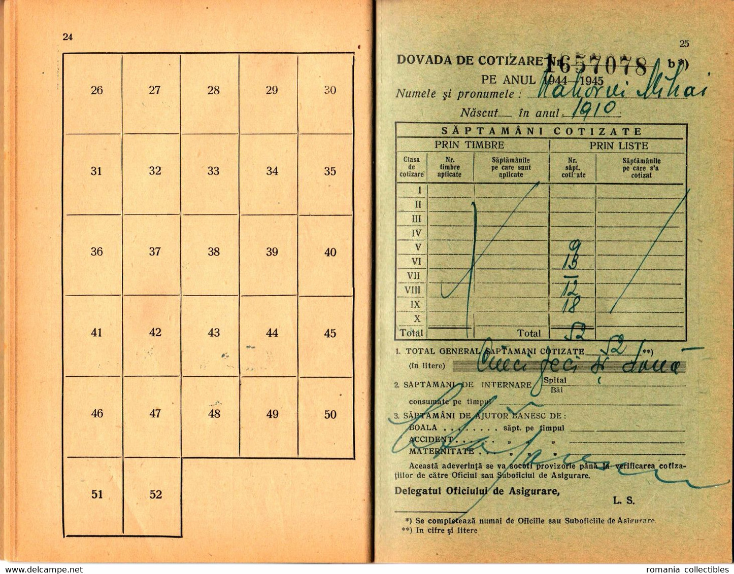 Romania, 1942, Social Insurance Member Card - Revenue Fiscal Stamps / Cinderellas