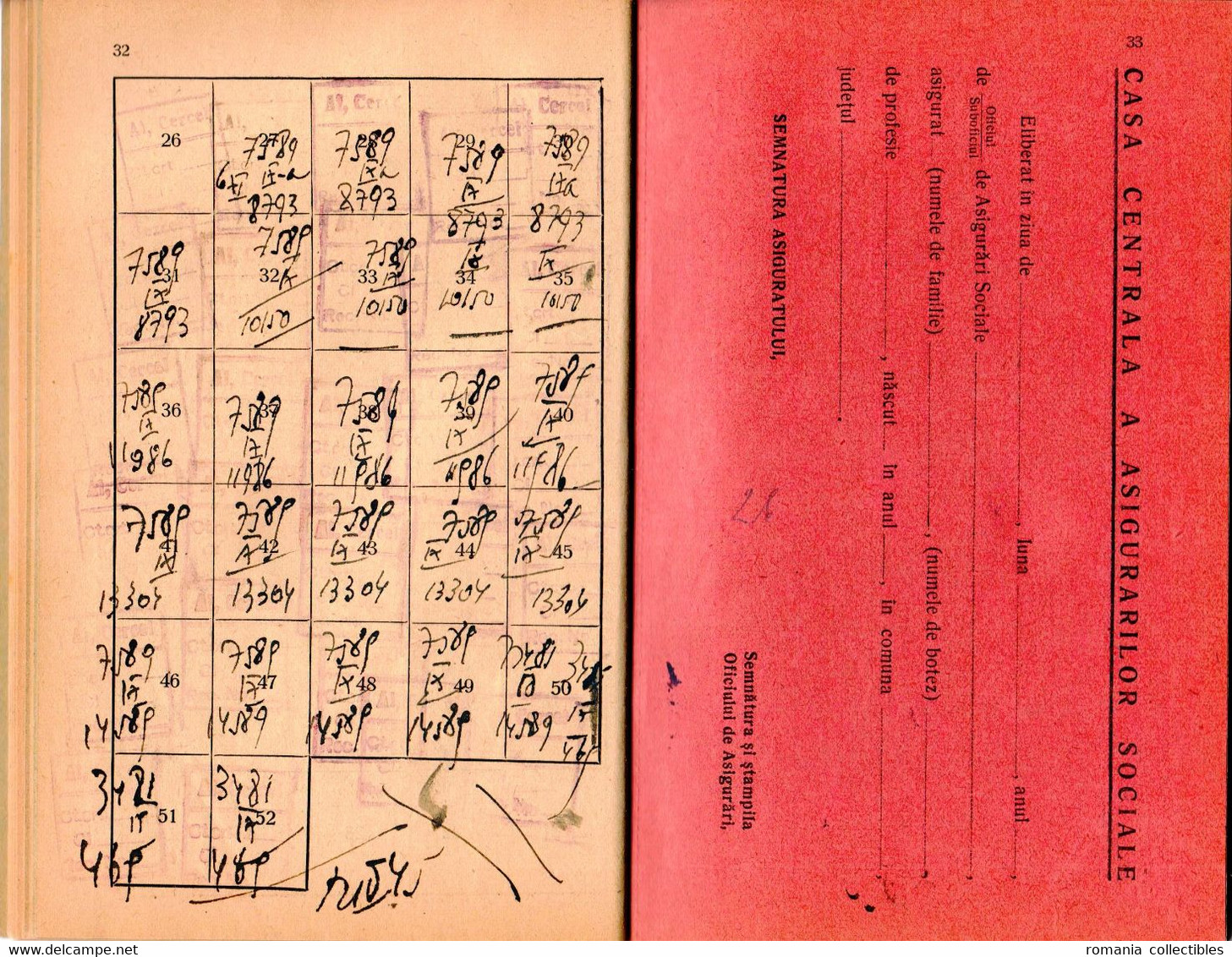 Romania, 1942, Social Insurance Member Card - Revenue Fiscal Stamps / Cinderellas