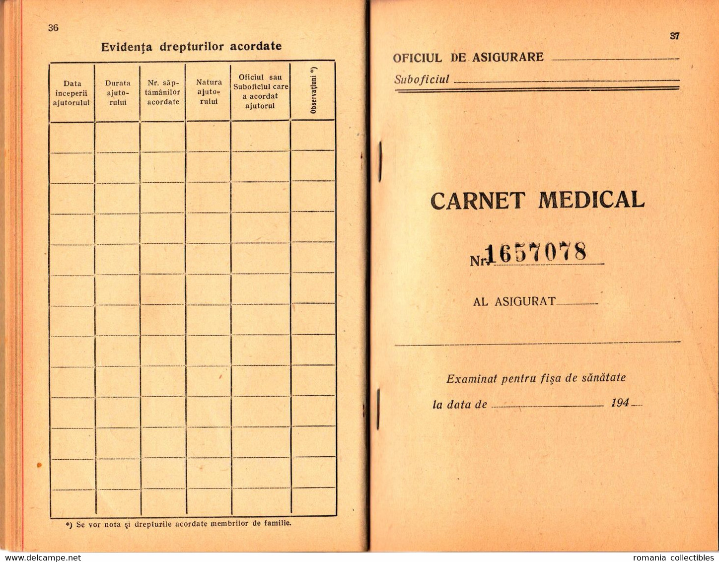 Romania, 1942, Social Insurance Member Card - Revenue Fiscal Stamps / Cinderellas