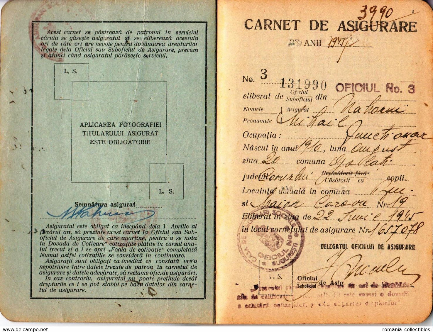 Romania, 1945, Social Insurance Member Card - Revenue Stamps