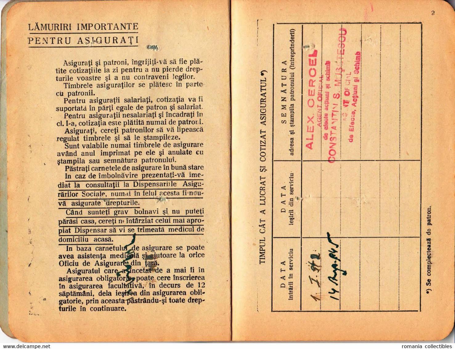 Romania, 1945, Social Insurance Member Card - Steuermarken