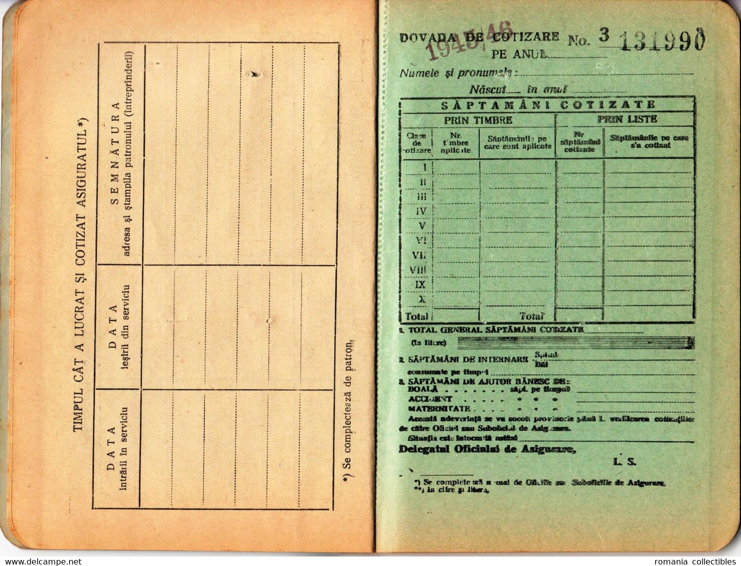 Romania, 1945, Social Insurance Member Card