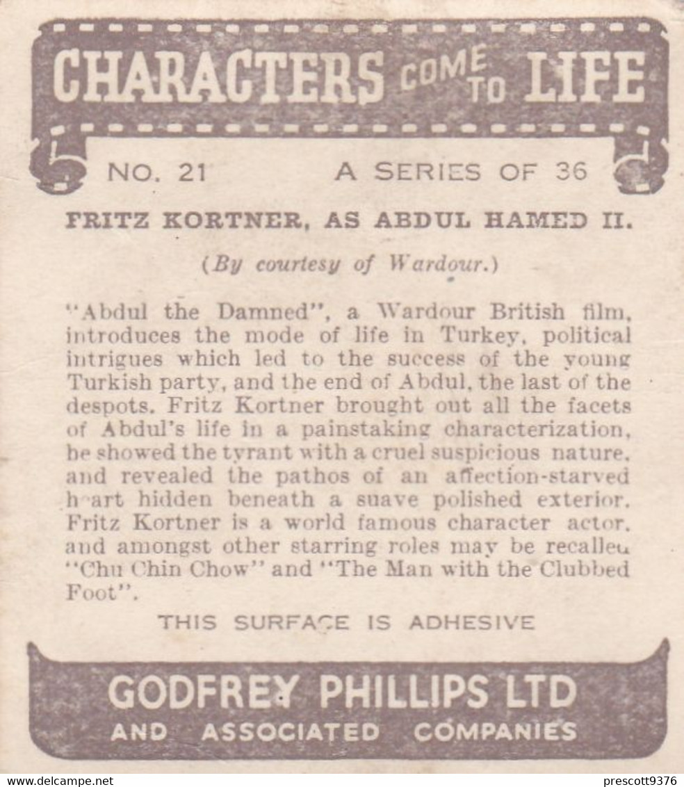 Characters Come To Life 1938 - 21 Fritz Kortner "Abdul Hamid II" - Phillips Cigarette Card - Original - Phillips / BDV
