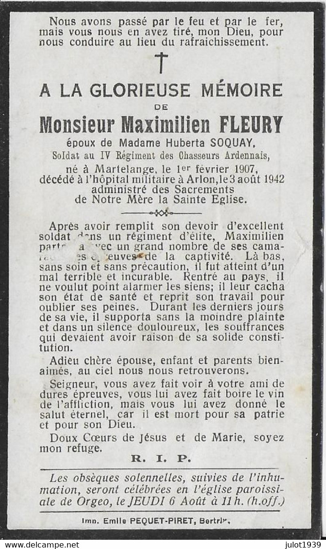 MARTELANGE ..-- CHASSEUR ARDENNAIS Maximilien FLEURY , Né En 1907 , Décédé à ARLON ( Hôpital Militaire ) En 1942 . - Martelange