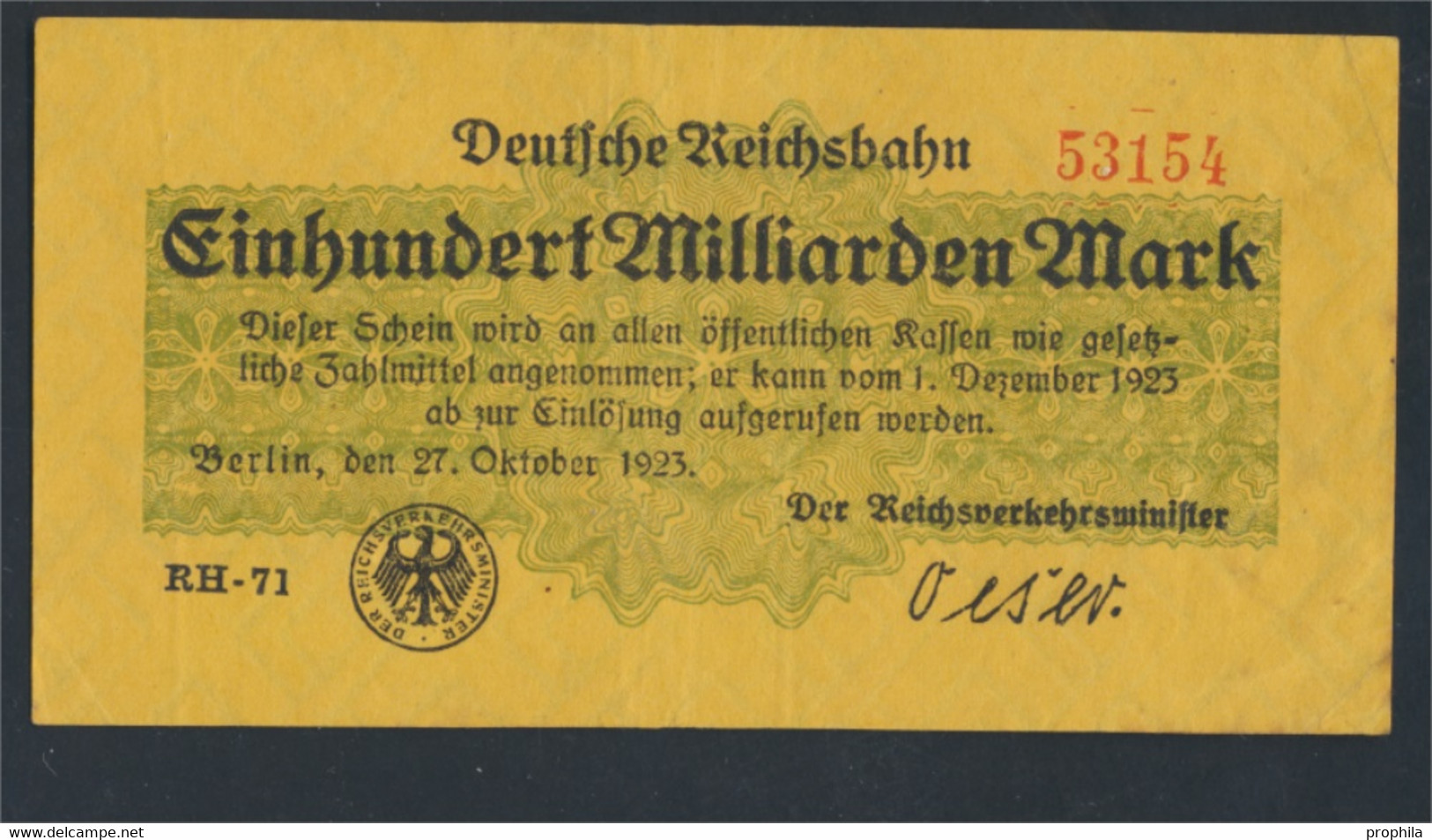 Berlin Pick-Nr: S1024 Inflationsgeld Der Deutschen Reichsbahn Berlin Gebraucht (III) 1923 100 Milliarden Mark (9810804 - 100 Miljard Mark