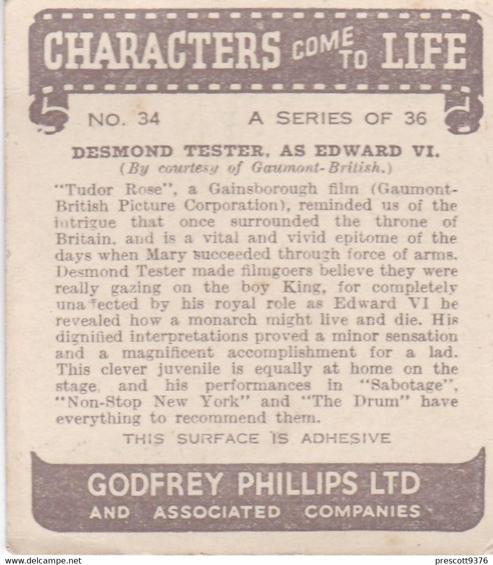 Characters Come To Life 1938 - 34 Desmond Tester "Edward VI" - Phillips Cigarette Card - Original - Phillips / BDV