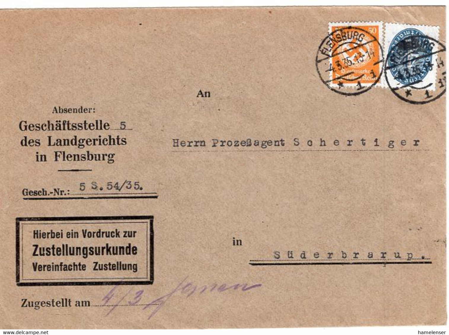 52962 - Deutsches Reich - 1935 - 50Pfg Hakenkreuz MiF A ZU-Bf V LG Flensburg FLENSBURG -> Suederbrarup - Service