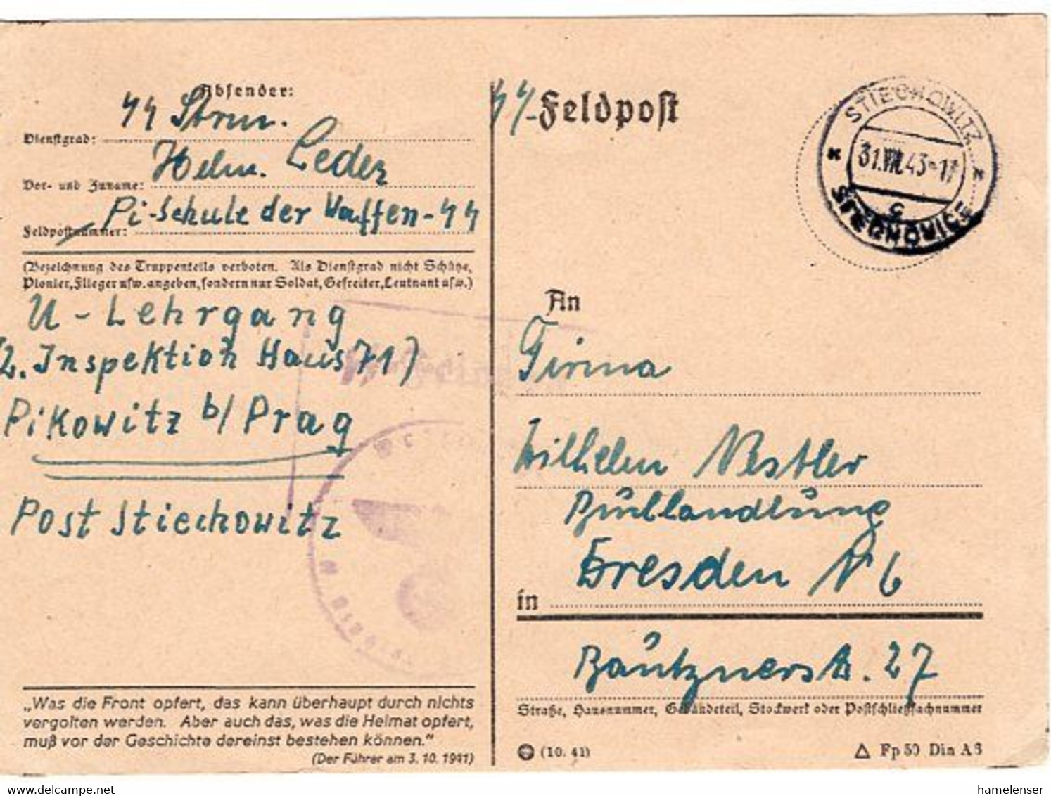 52976 - Deutsches Reich / B&M - 1943 - SS-FpKte V Waffen-SS-PiSchule STIECHOWITZ -> Dresden - Lettres & Documents