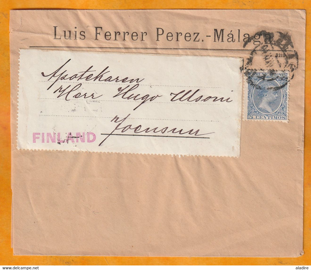 1896 - 5 Centimos Bleu Sur Enveloppe De MALAGA Espagne Vers Joensuu, Finlande Suomi Finland - Covers & Documents