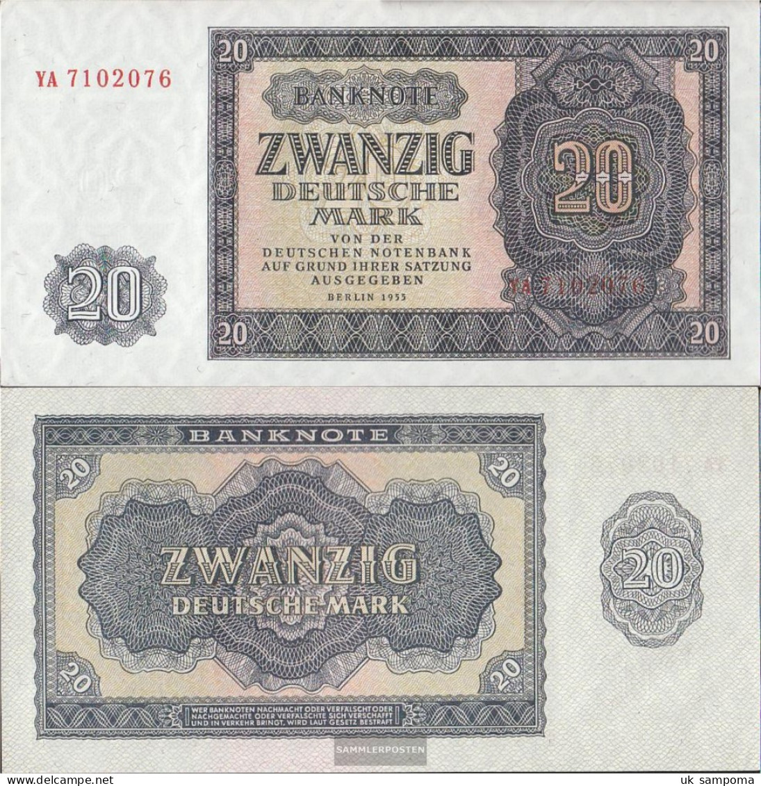 DDR Rosenbg: 351b, KN 7stellig, Austauschnote, Series: YA, YB, Za Uncirculated 1955 20 German Mark - 20 Deutsche Mark