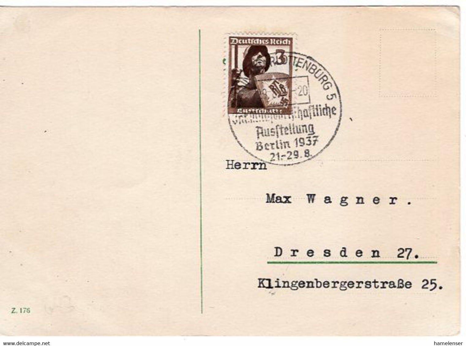 52987 - Deutsches Reich - 1937 - 3Pfg Luftschutz EF A DrucksKte SoStpl BERLIN - ... MILCHWIRTSCHAFTLICHE ... -> Dresden - Agriculture