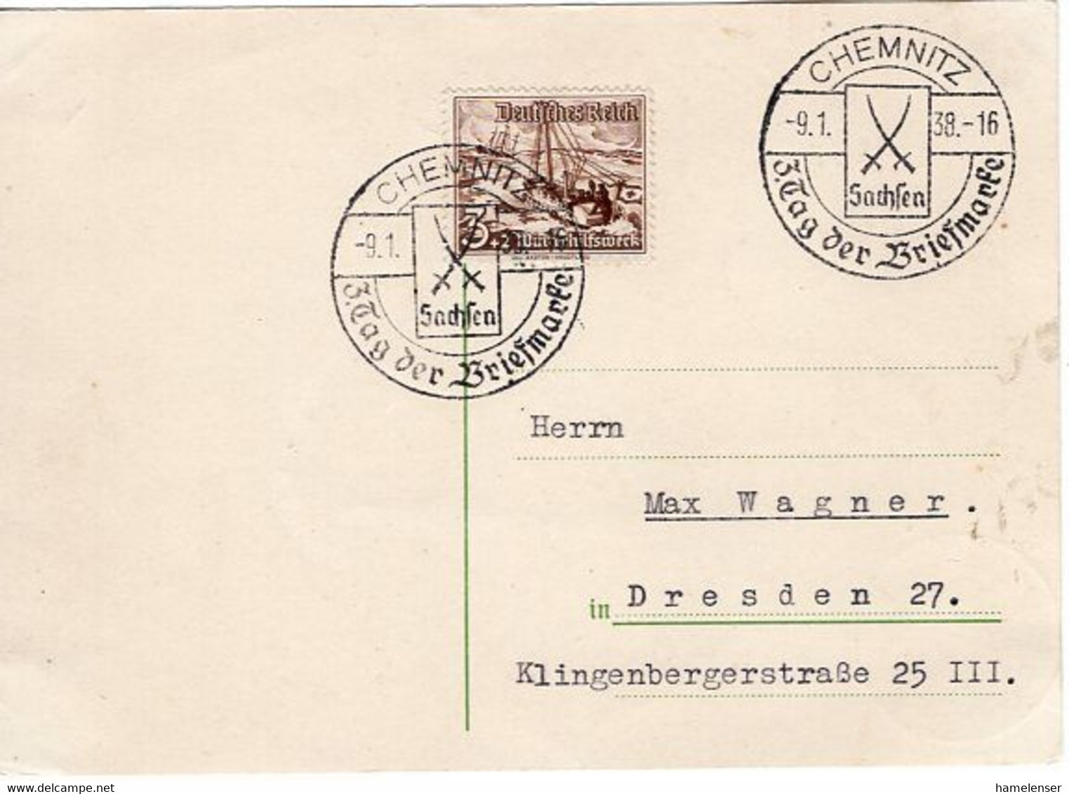 52989 - Deutsches Reich - 1938 - 3Pfg Schiffe EF A DrucksKte SoStpl CHEMNITZ - TAG DER BRIEFMARKE - Día Del Sello