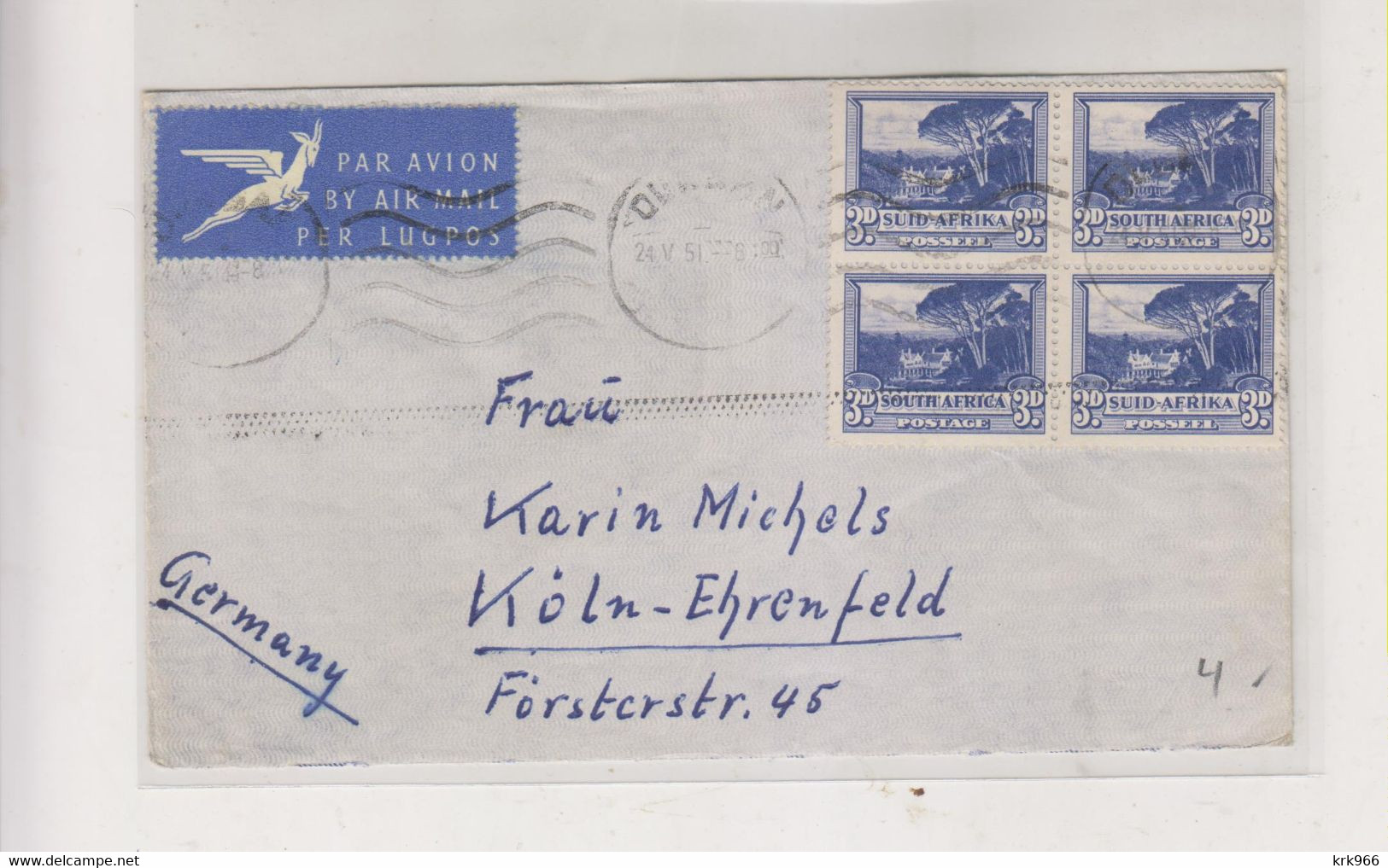 SOUTH AFRICA 1951 DURBAN  Nice Airmail Cover To Germany - Airmail