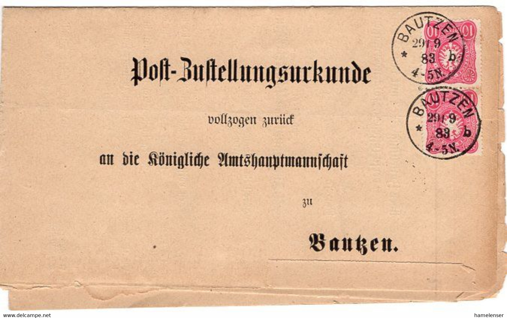 53008 - Deutsches Reich - 1883 - 2@10Pfg A Zustellungsurkunde BAUTZEN - Storia Postale