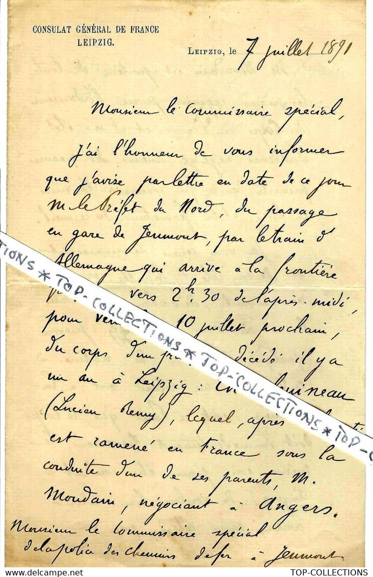 1896 DIPLOMATIE CONSUL GENERAL DE France à LEIPZIG ALLEMAGNE FRANÇAIS  DECEDE CORPS VERS France Sign.   A.JACQUOT - Historical Documents