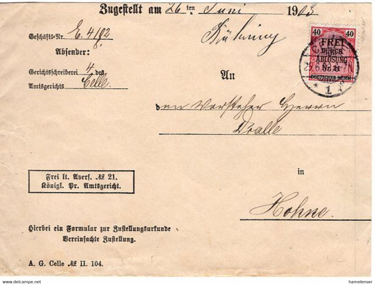 53019 - Deutsches Reich - 1903 - 40Pfg Nr.21 EF A ZU-Bf CELLE -> HOHNE - Oficial