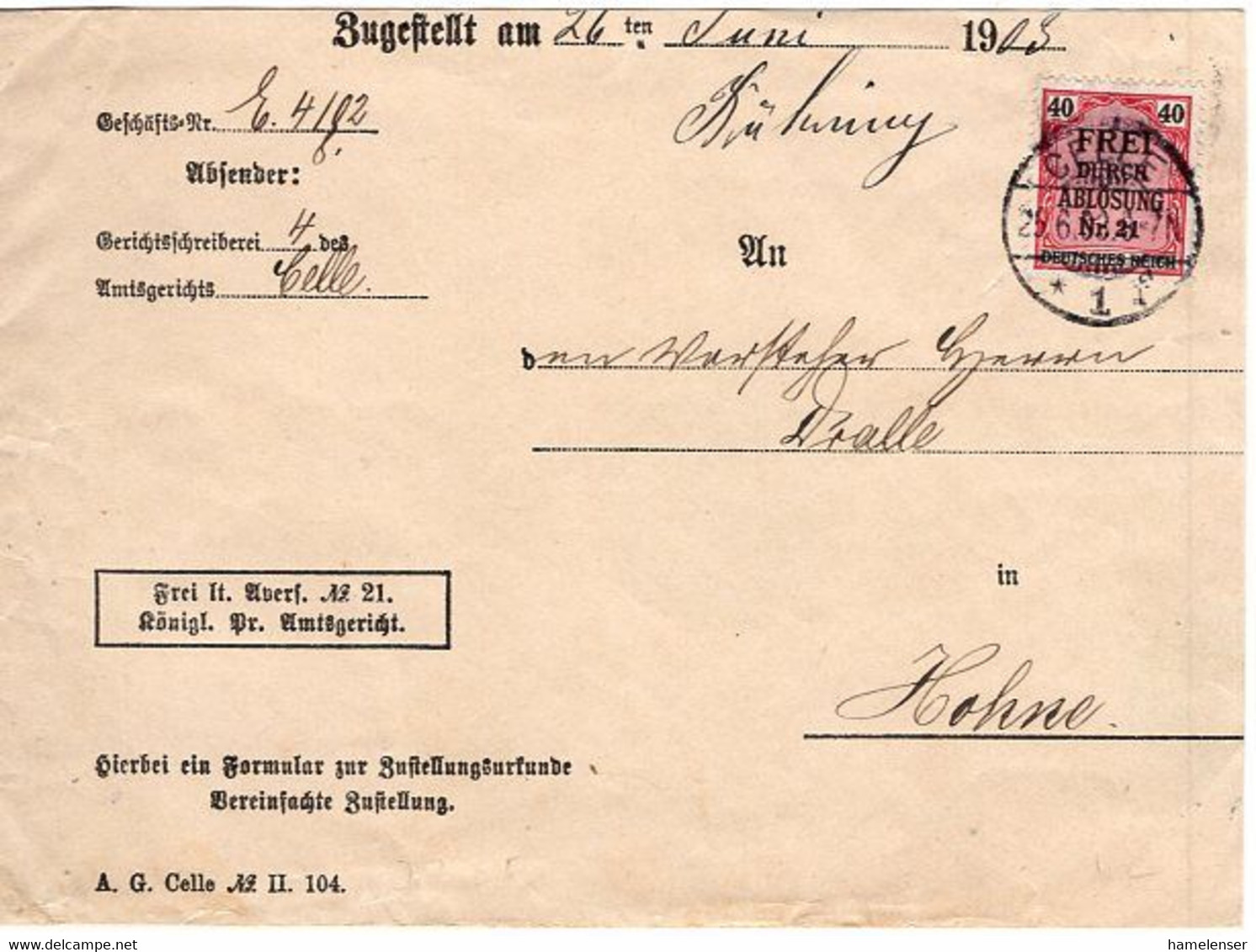 53019 - Deutsches Reich - 1903 - 40Pfg Nr.21 EF A ZU-Bf CELLE -> HOHNE - Dienstmarken