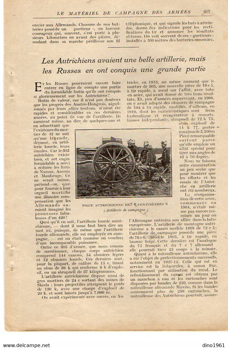 VP20.111 - Guerre 14 / 18 - Extrait de la Revue ¨ La Science et la vie¨ Le Matériel de Campagne .....( Canon )