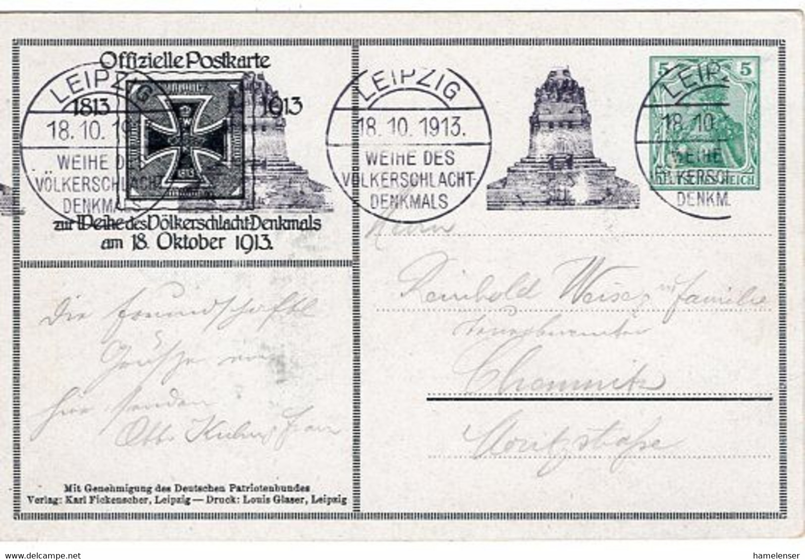 53024 - Deutsches Reich - 1913 - 5Pfg PGAKte "Voelkerschlachtdenkmal " SoStpl LEIPZIG - ... -> Chemnitz - Briefe U. Dokumente