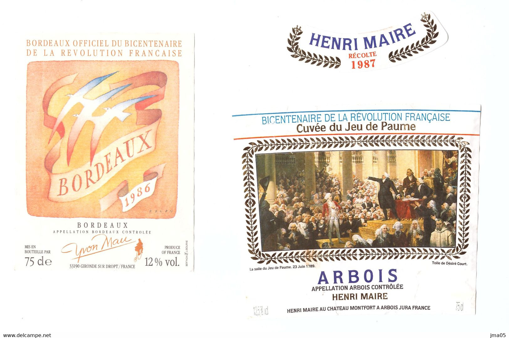 Lot De 2 étiquettes De Vin Du Bicentenaire De La Révolution : Bordeaux Et Arbois (04) - Bicentenario Della Rivoluzione Francese