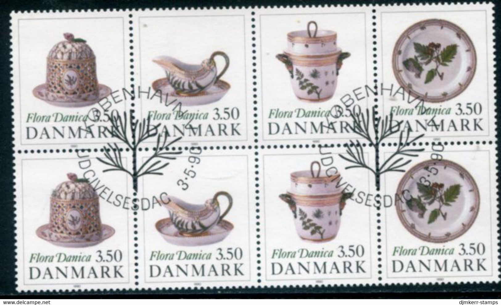 DENMARK 1990 Royal Danish Porcelain Two Strips In Block Used..   Michel 977-80 - Gebraucht