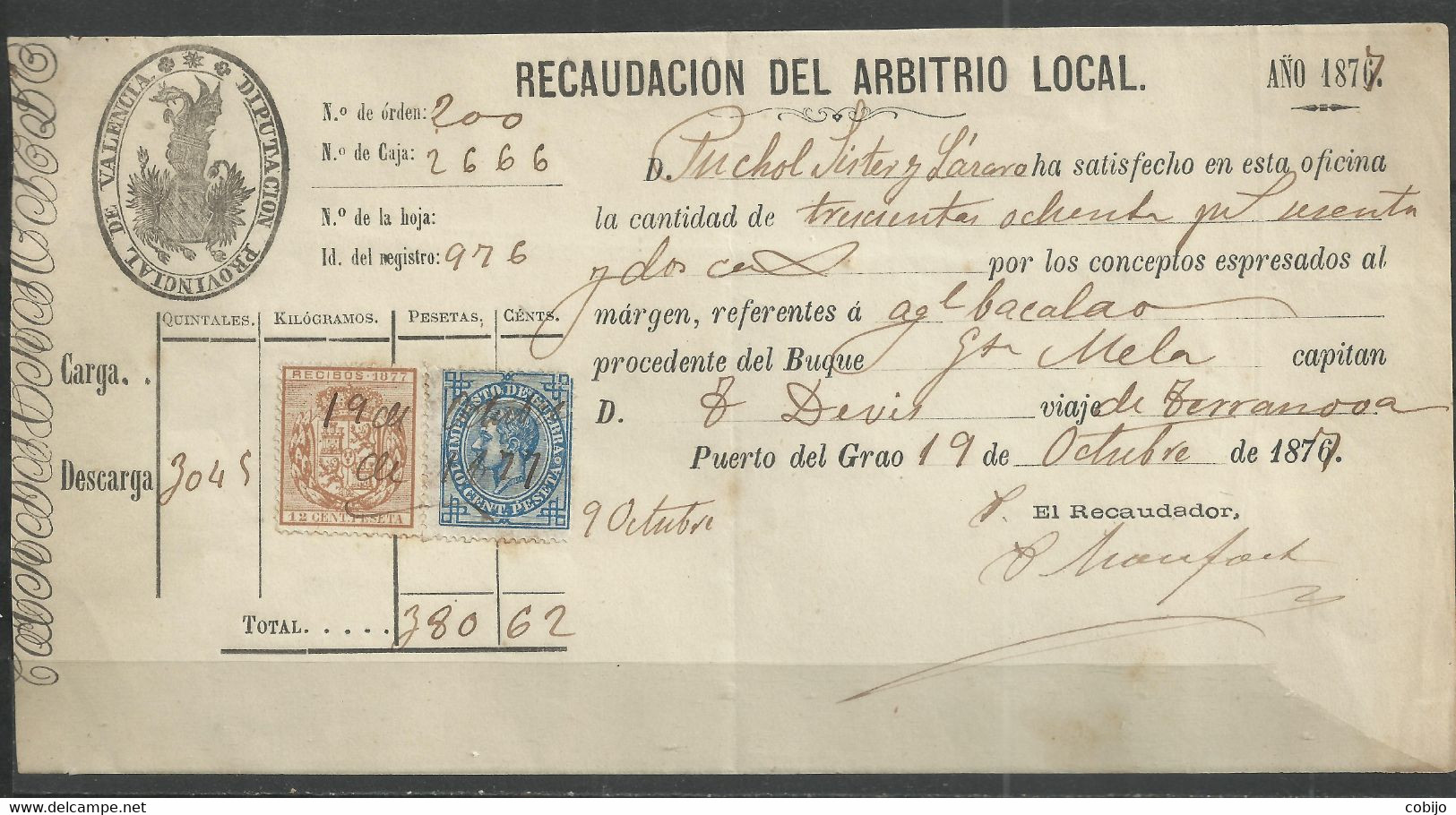 ESPAÑA-FACTURA(L-21)DIPUTACION DE VALENCIA)Puerto Del Grao,19 Oct.1877 Dirigida A D.Puchol Siter Y Lazaro. - Spain