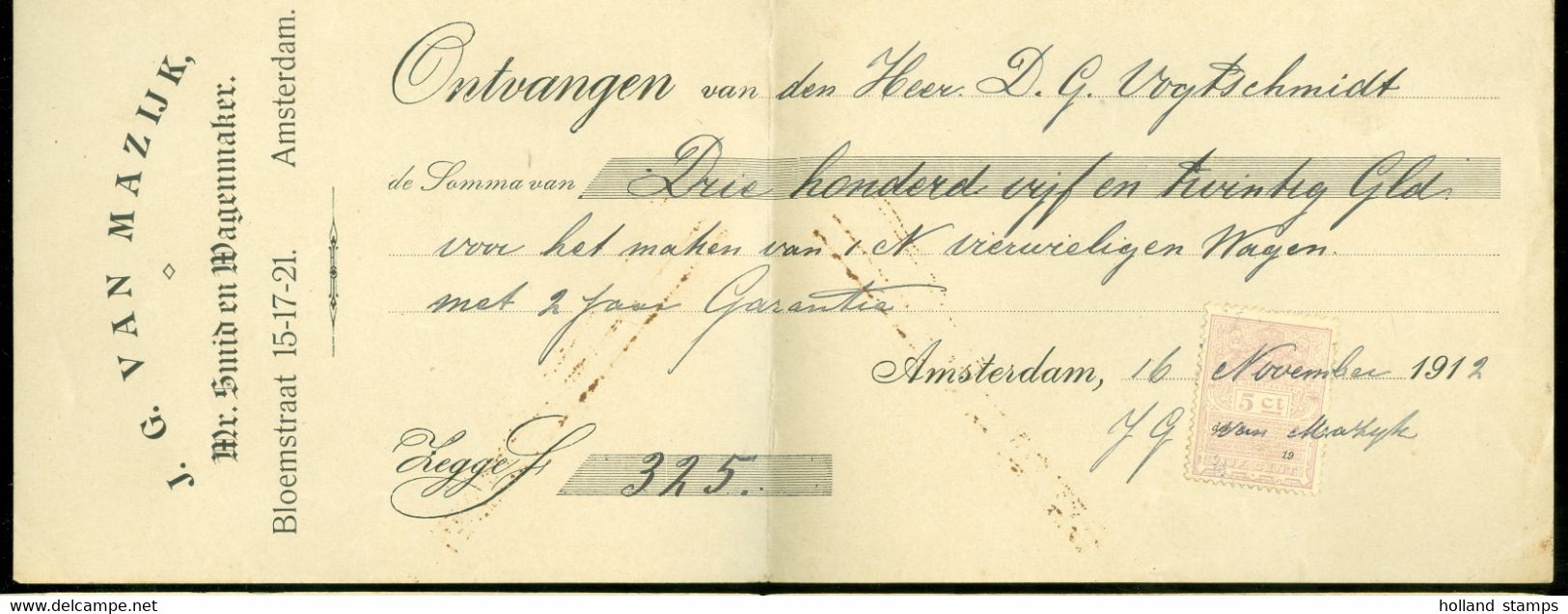 KWITANTIE FISCAAL ZEGEL Uit 1912 Van MAZIJK AMSTERDAM * 325 GULDEN  (12.156h) - Revenue Stamps