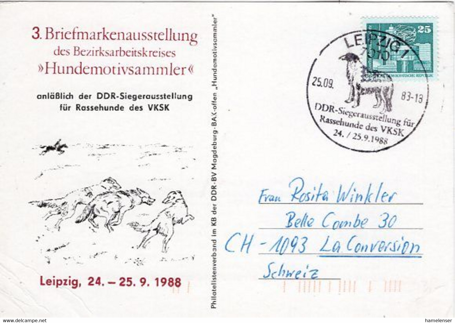 53081 - DDR - 1988 - 25Pfg Kl.Bauten EF A SoKte SoStpl LEIPZIG - DDR-SIEGERAUSSTELLUNG FUER RASSEHUNDE ... -> Schweiz - Dogs