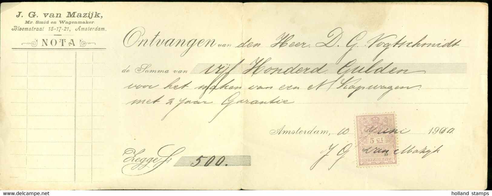 KWITANTIE FISCAAL ZEGEL Uit 1900 Van MAZIJK AMSTERDAM * 500 GULDEN  (12.156g) - Fiscali