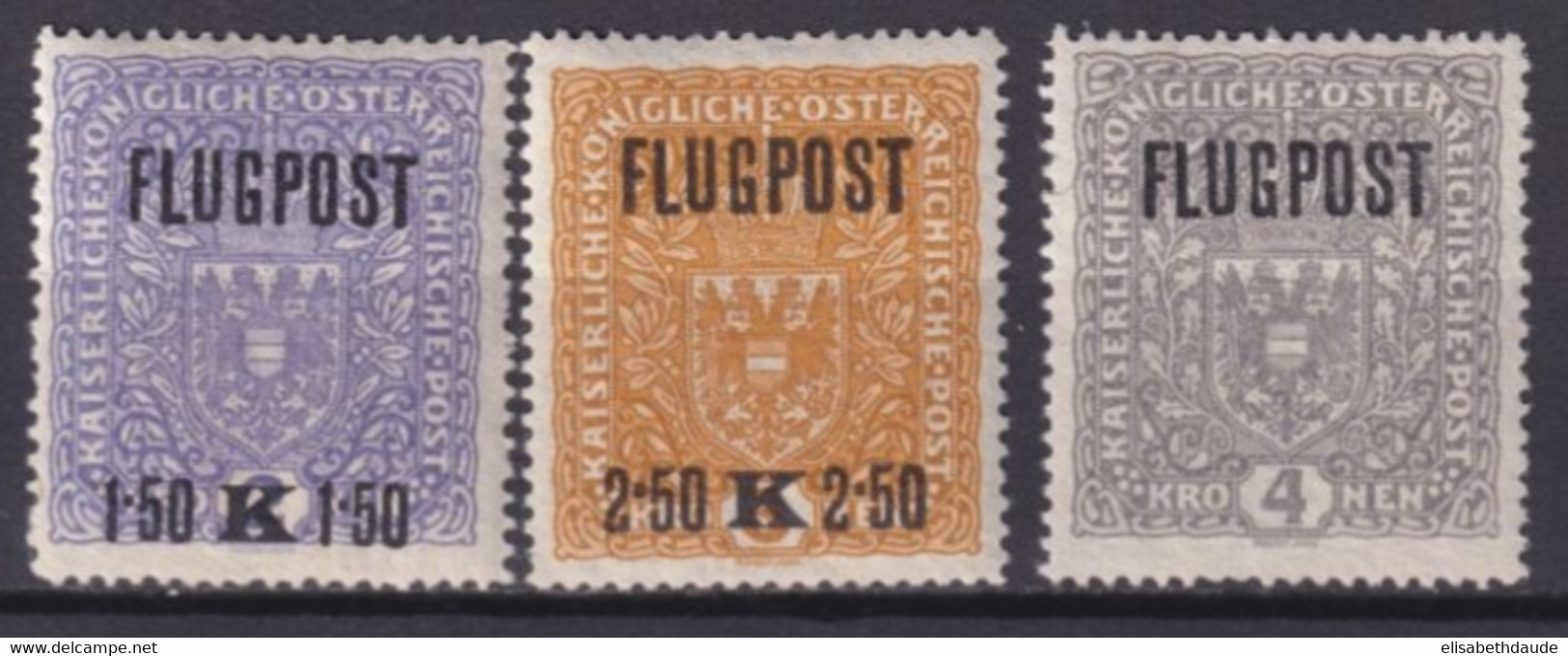 AUTRICHE - 1918 - POSTE AERIENNE YVERT N°1/3 * MLH PAPIER BLANC ! - COTE = 30 EUR. - Unused Stamps