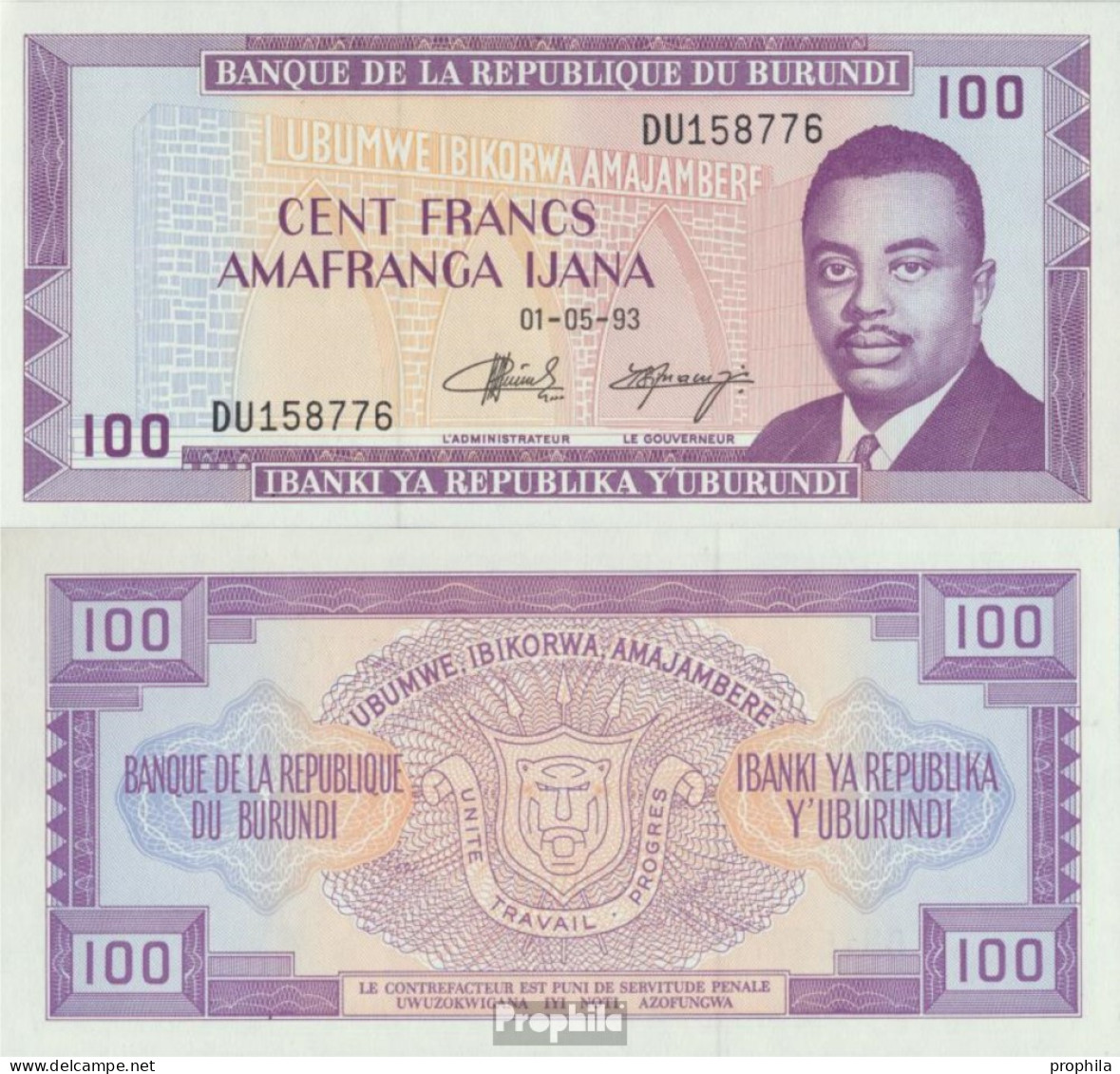 Burundi Pick-Nr: 29c (1993) Bankfrisch 1993 100 Francs - Burundi