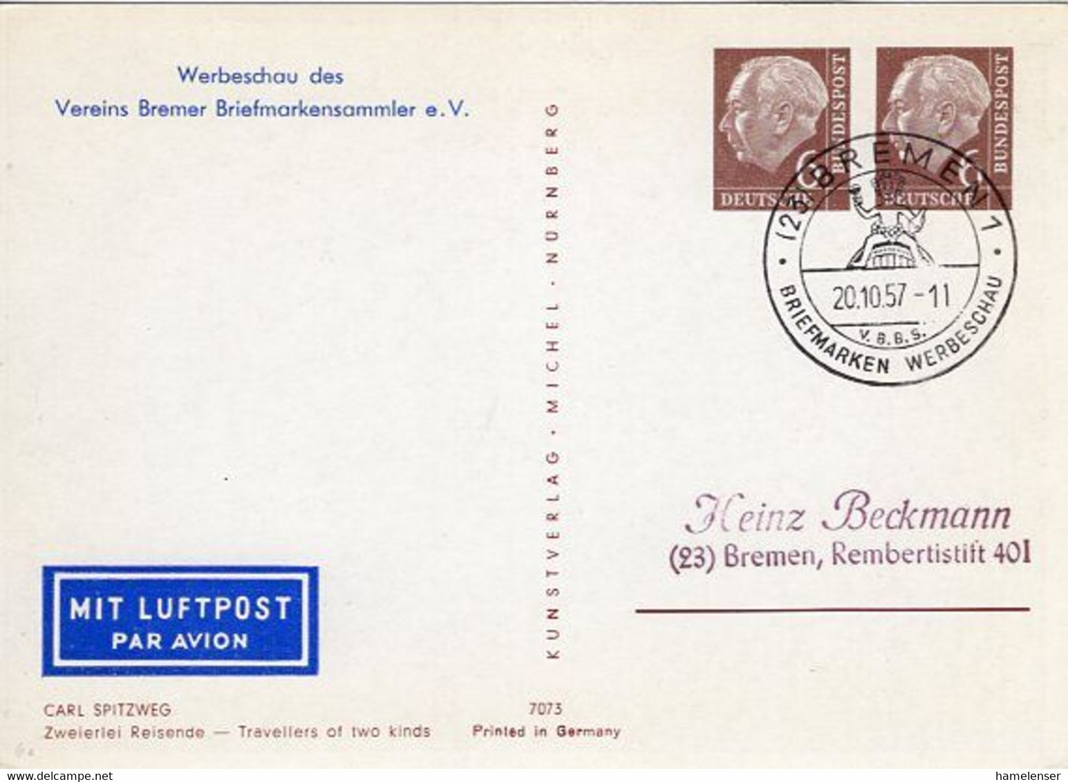53088 - Bund - 1957 - 6&6Pfg Heuss I PGALpAnsKte "Carl Spitzweg" SoStpl BREMEN - BRIEFMARKEN-WERBESCHAU - Andere & Zonder Classificatie