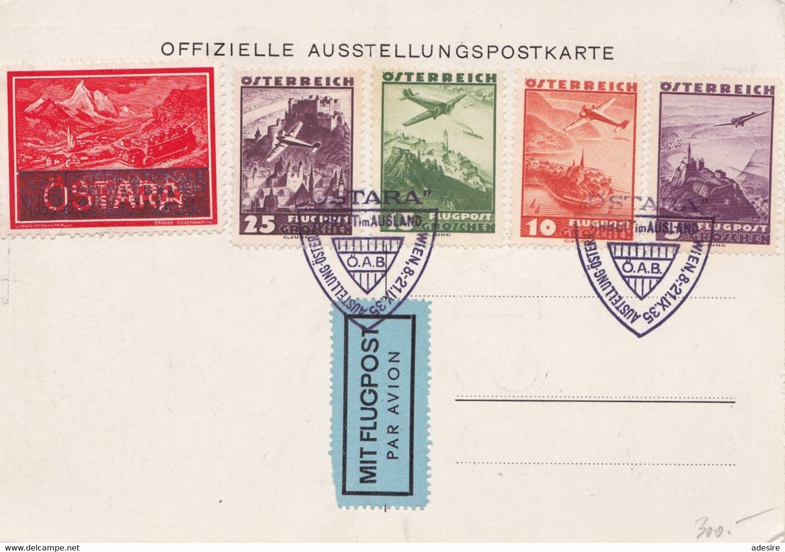 ÖSTARA - AUSSTELLUNGSPOSTKARTE FLUGPOST 1935 - 5 + 10 + 15 + 25 Gro (Ank598+599+600+602) + Östaramarke + Sonderstemp ... - Variétés & Curiosités