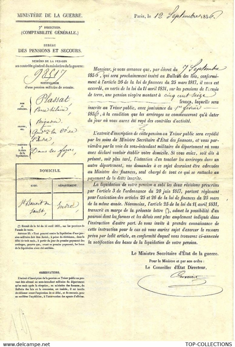 1856 MINISTERE DE LA GUERRE FIXATION PENSION Brigadier Plassat St Benoit Du Sault (Indre) 3 Signatures VOIR SCANS - Documents Historiques