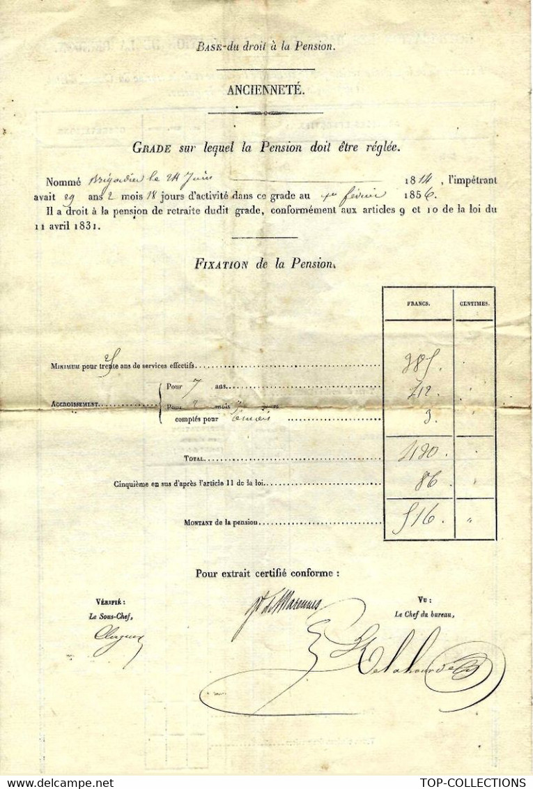 1856 MINISTERE DE LA GUERRE FIXATION PENSION Brigadier Plassat St Benoit Du Sault (Indre) 3 Signatures VOIR SCANS - Documents Historiques