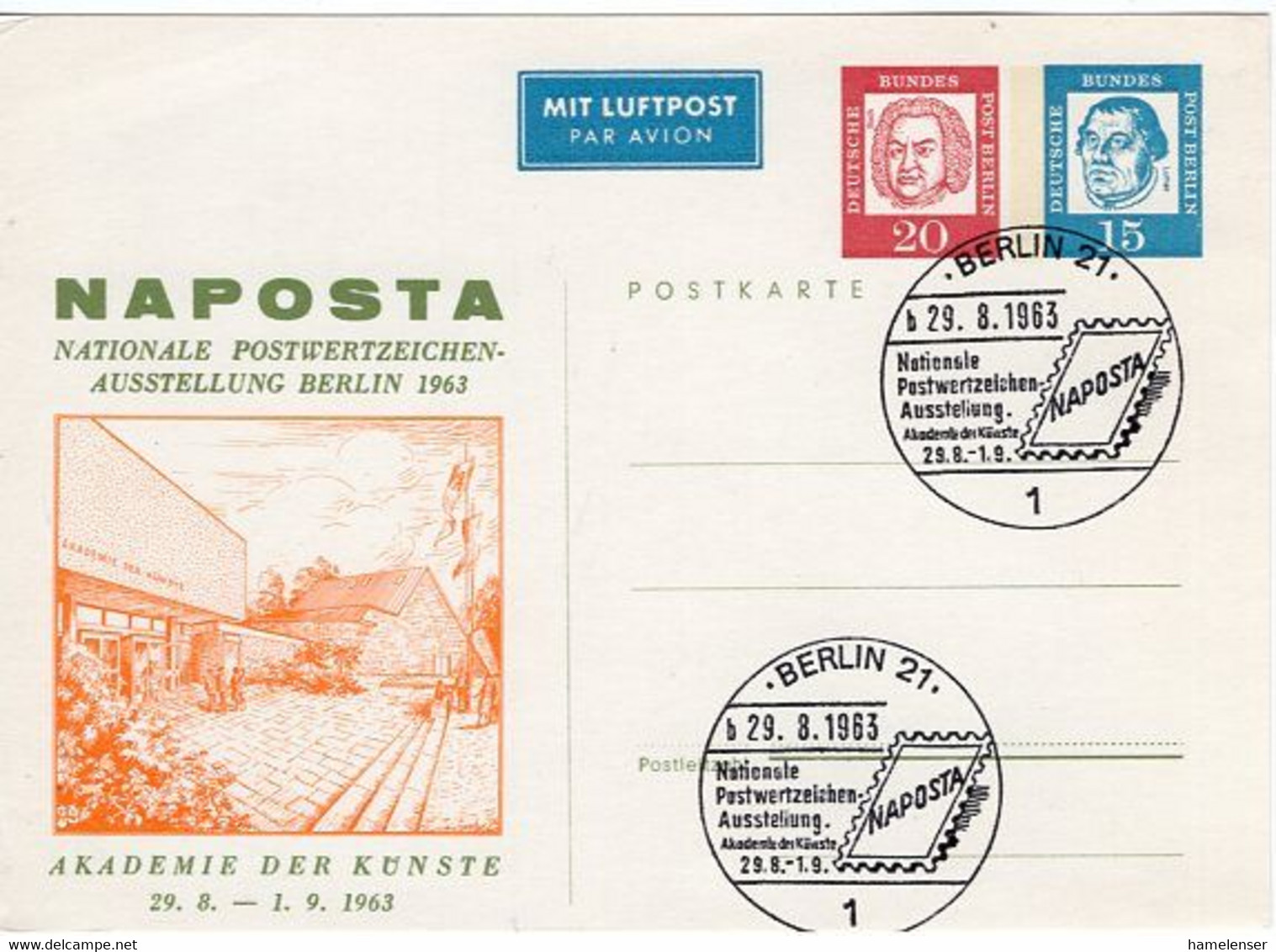 53091 - Berlin - 1963 - 15&20Pfg Bed Deutsche PGALpKte "NAPOSTA '63" SoStpl BERLIN - NAPOSTA - Briefmarkenausstellungen