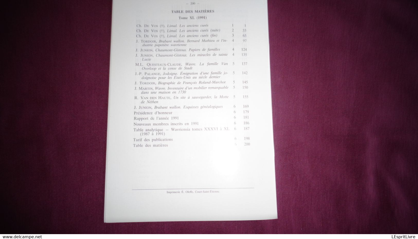 WAVRIENSIA N° 6 Année 1991 Régionalisme Brabant Wallon Wavre Généalogie Sambrée De Bodenghien Lemort Le Riche Overijse