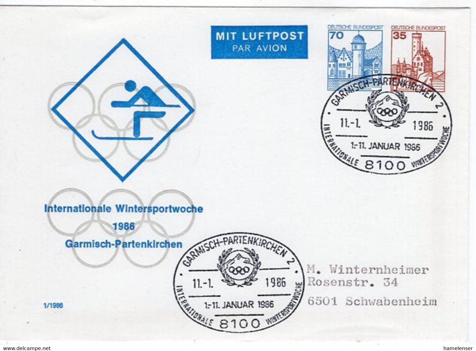 53104 - Bund - 1986 - 35&70Pfg B&S PGALpBf SoStpl GARMISCH-PARTENKIRCHEN - ... WINTERSPORTWOCHE -> Schwabenheim - Sonstige & Ohne Zuordnung