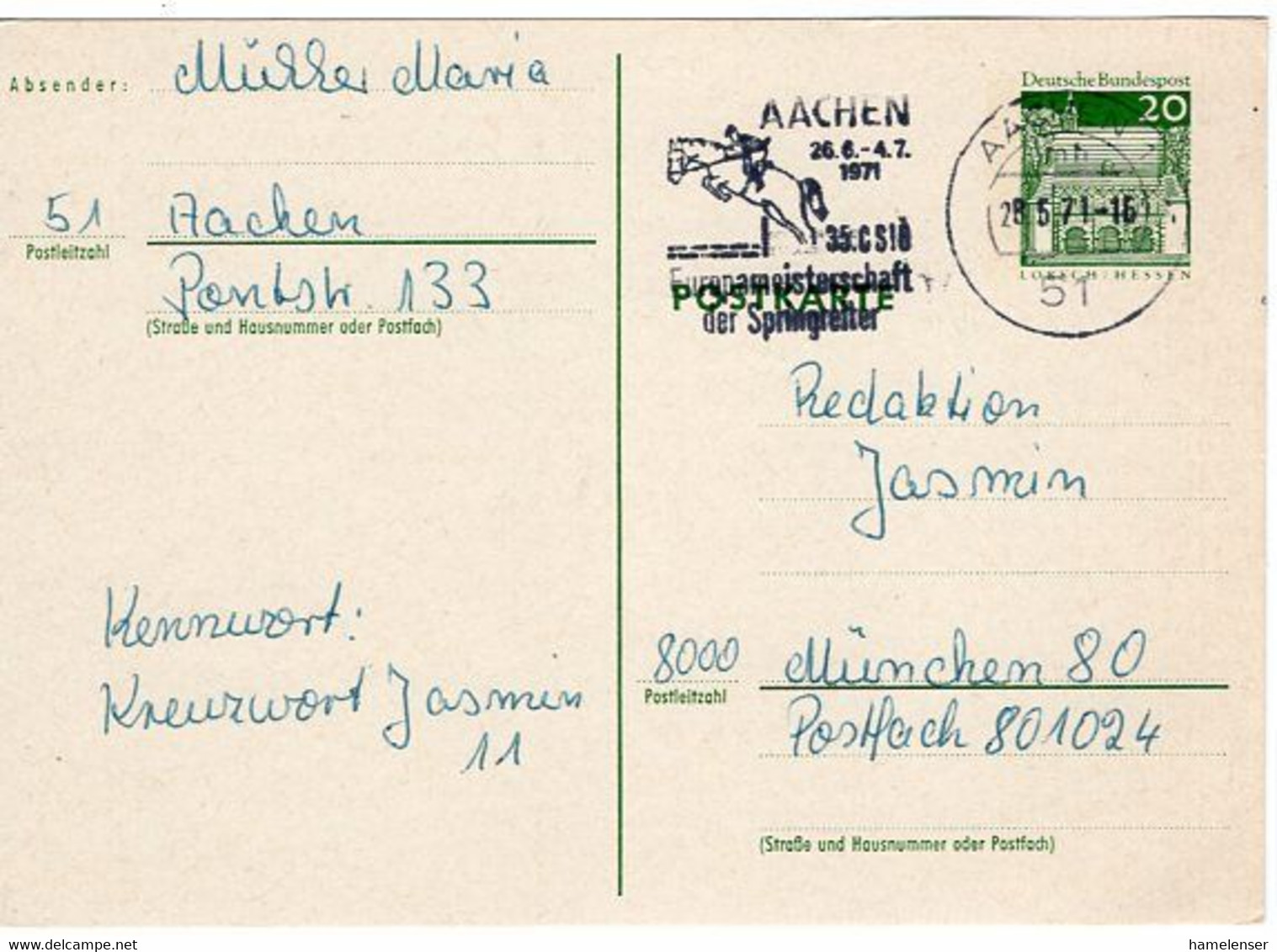 53106 - Bund - 1971 - 20Pfg GAKte Gr.Bauten AACHEN - ... EUROPAMEISTERSCHAFT DER SPRINGREITER -> Muenchen - Ippica