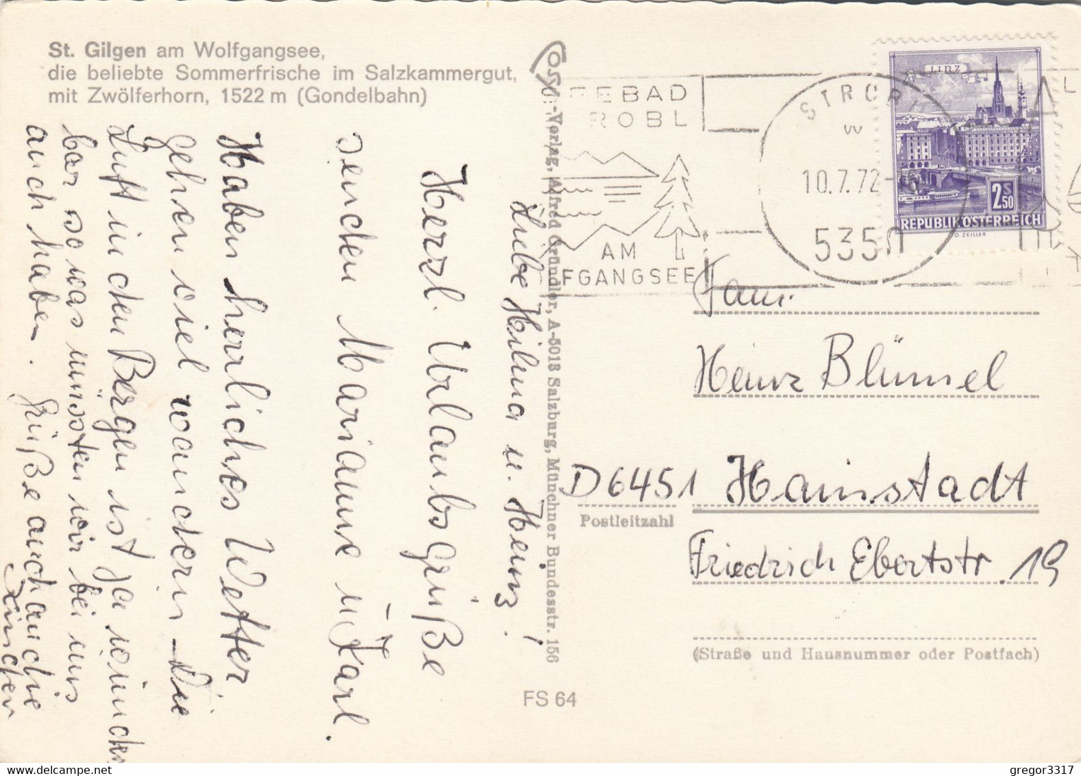 B4326) ST. GILGEN Am Wolfgangsee Mit Zwölferhorn - Haus DETAIL Im Vordergrund 1972 - St. Gilgen