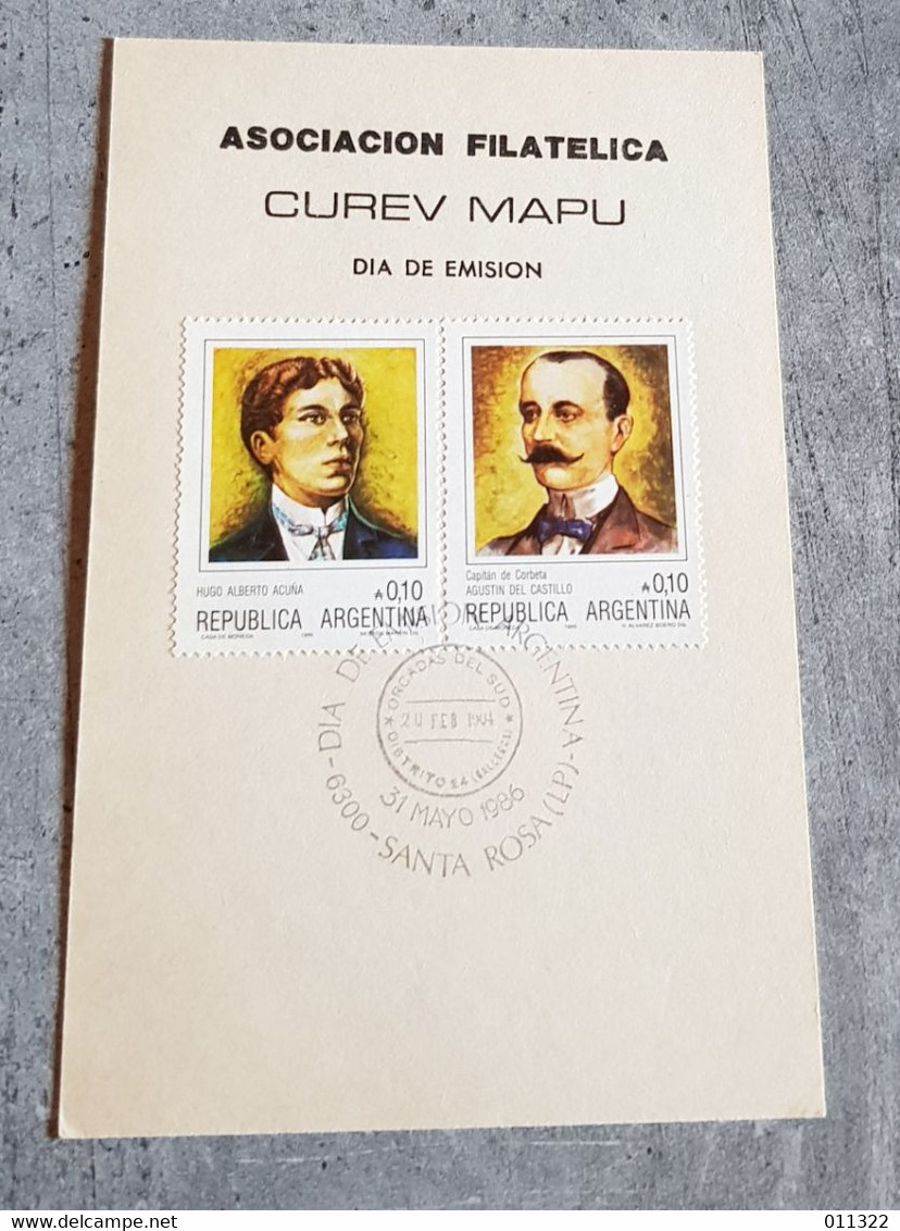 ARGENTINA ASOCIACION FILATELICA CUREV MAPU DIA DE EMISION HUGO.A.ACUNA&CAPITAN DE CORBETA AGUSTIN DEL CASTILLO - Covers & Documents