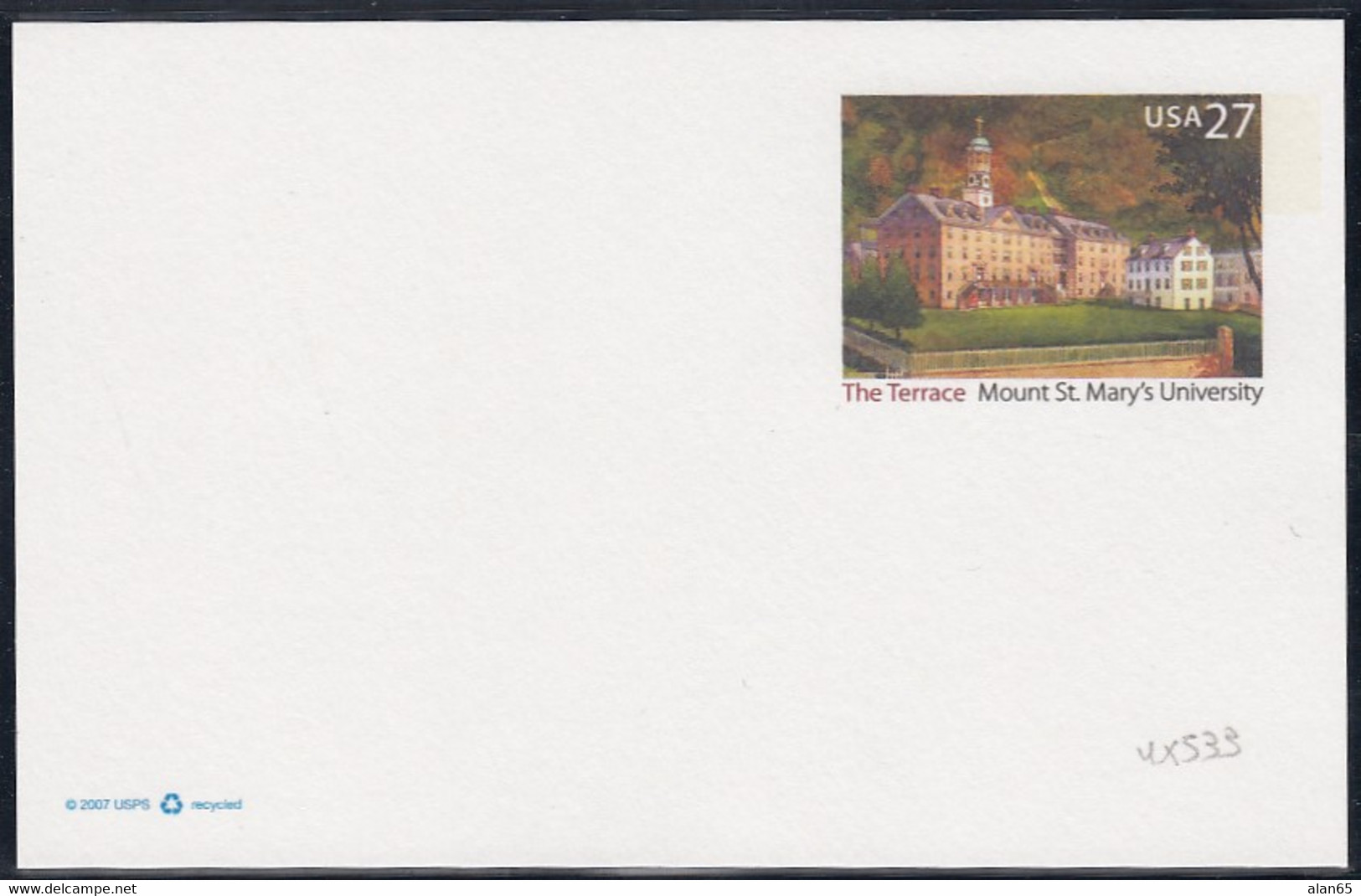 Sc#UX533 27-cent Mint Postal Card, The Terrace Mount St. Mary's University, School Theme - 2001-10